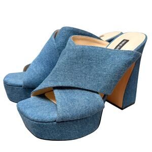 Nine West Denim Blue Girlz Platform Mule Sandals Block Heels 8.5 Bratz Party Y2K